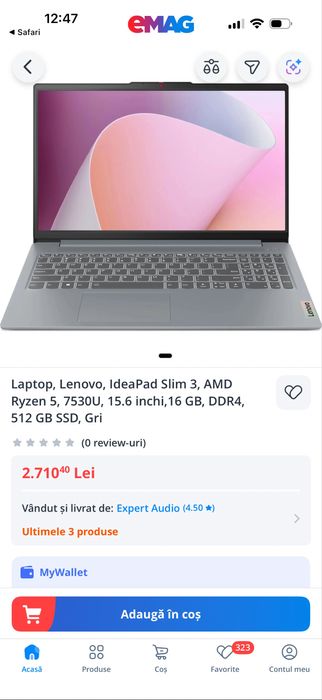 Laptop LENOVO IdeaPad Slim 3, AMD Ryzen 5 7530U, 15.6", 16GB,512GB SSD