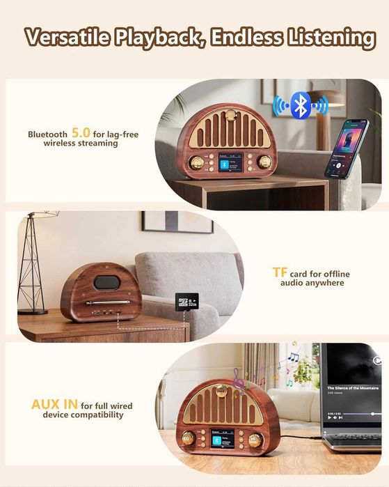 Винтидж DAB+/FM цифрово радио с Bluetooth, ретро преносимо, 3000mAh