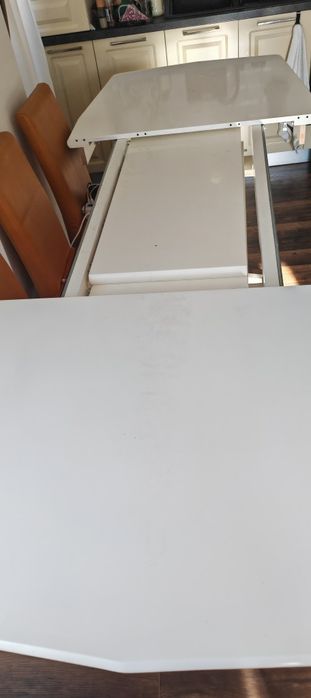 Masă living/bucătărie extensibilă albă (lemn masiv + MDF) 1.70m - 2.60m