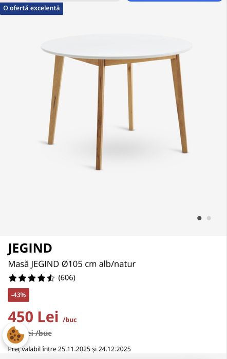 Masa rotunda cu diagonala 105 cm noua, din depozit Jisk