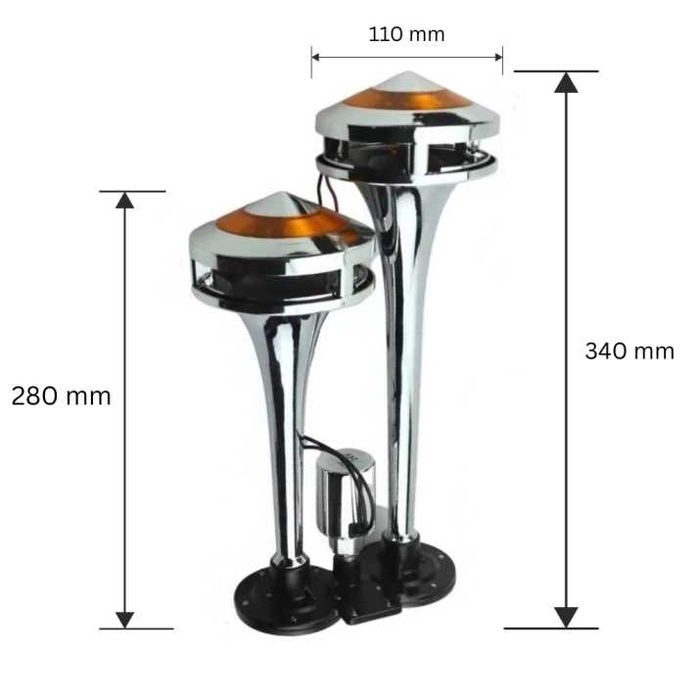 Двоен въздушен клаксон с жълта LED светлина 300 dB – 12V/24V