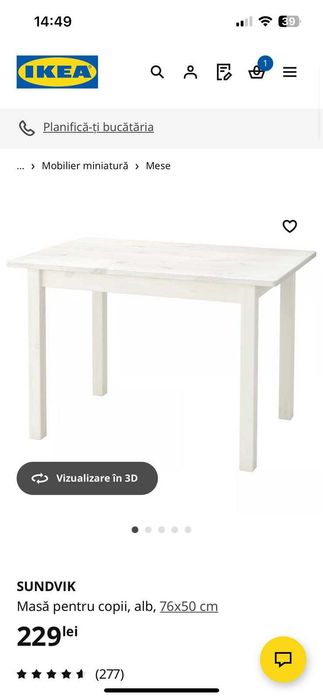 Masa Ikea SUNDVIK lemn masiv de pin 76x50 cm