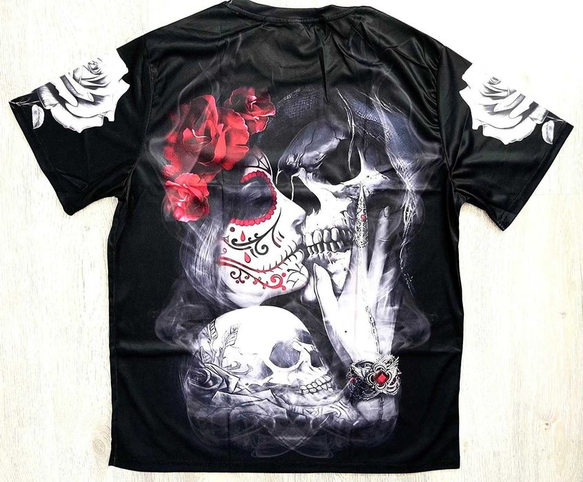 Tricou Gothic Romantic XXL – Cranii & Trandafiri Față/Verso, Nou