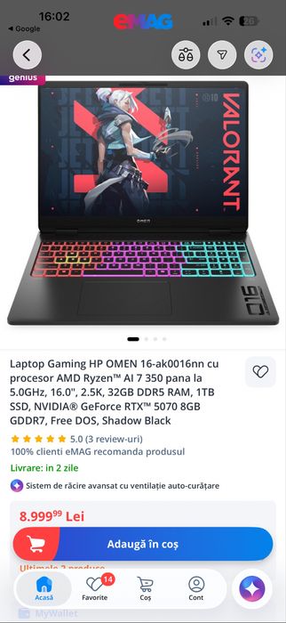 Laptop gaming HP OMEN 16 Ryzen AI 7 RTX 5060 32GB RAM ddr 5 1TB SSD 2.5K