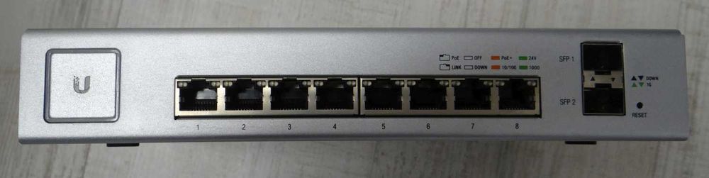 Суич Ubiquiti US-8-150W, 8-порта PoE+ GbE, 2xSFP слота, 150W