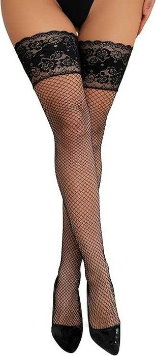 Дамски мрежести чорапи до бедрото с дантелена лента и презрамки