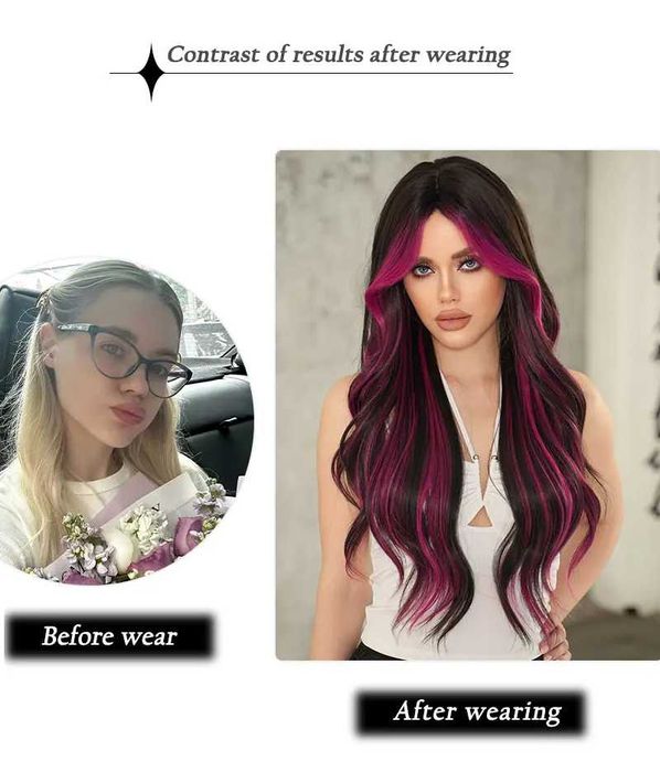 Ефектна черна перука с розово цилама кичури с дълъг бретон