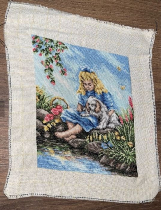 Ръчно бродиран гоблен – Момиче с куче край река (без рамка)