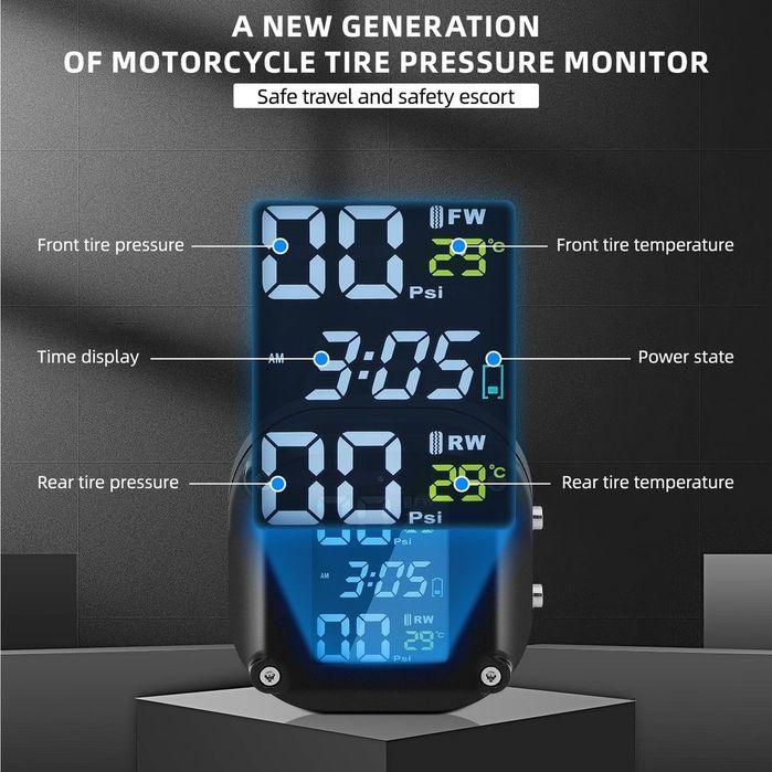 Sistem de monitorizare a presiunii anvelopelor de motocicletă wireless cu 2 senzori