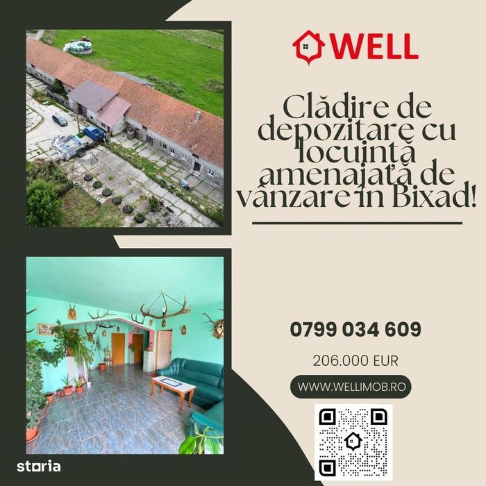 Clădire de depozitare cu locuință amenajată de vânzare în Bixad!