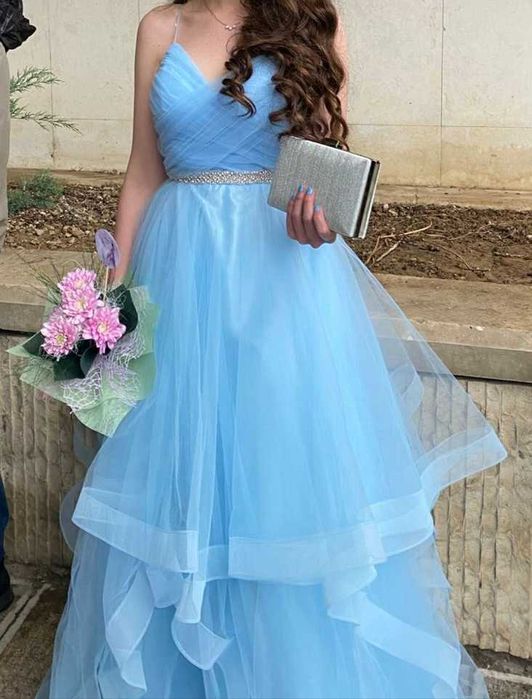 Светлосиня дълга бална рокля