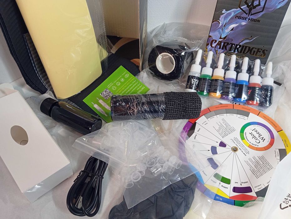 Kit cu aparat de tatuat Poseidon NOU+ Bonus, perfect pentru începători