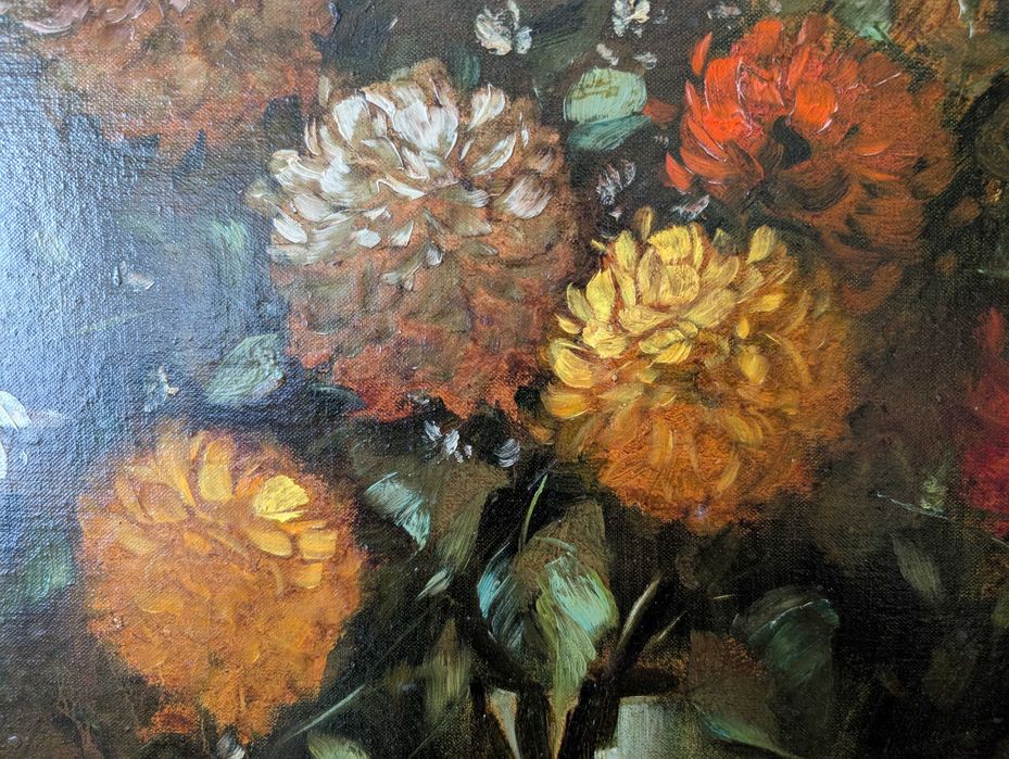 Pictura in ulei pe panza, natura statica cu flori, 63x73x5 cm