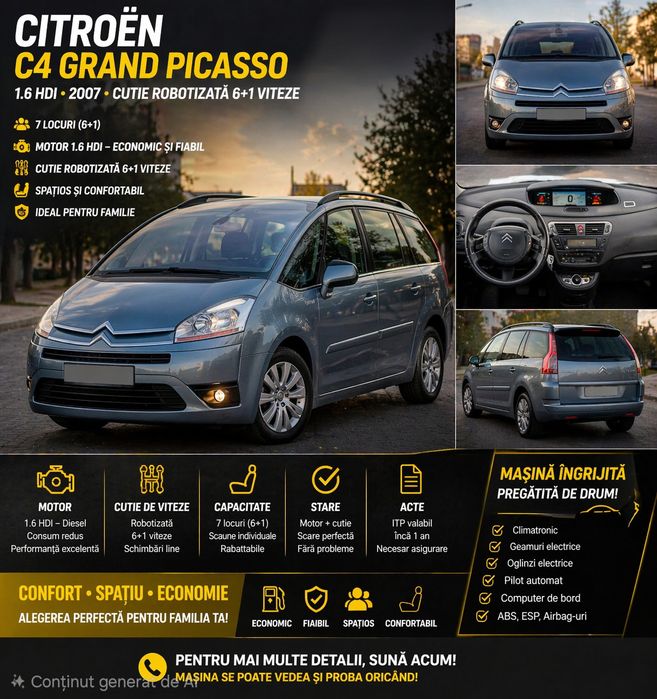 Ocazie ! Citroen C4 Grand Picasso 1.6 HDI 2007 – 7 locuri – Cutie robotizata – Stare foarte buna