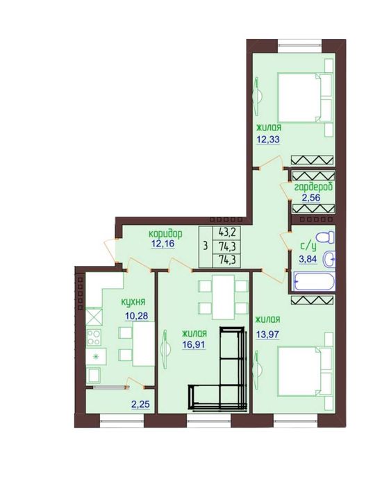 Трехкомнатная Форест Парк Кск