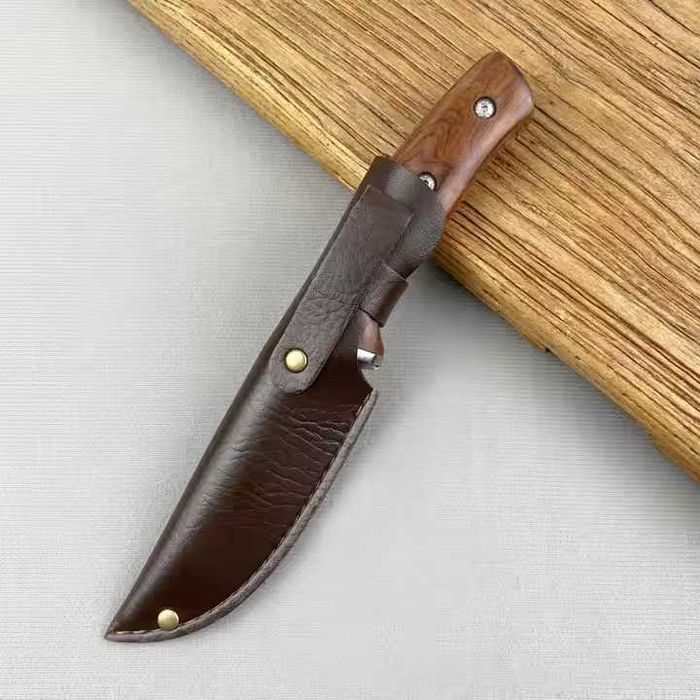 Cutit Outdoor, otel inoxidabil, maner lemn de tranadafir, teaca piele