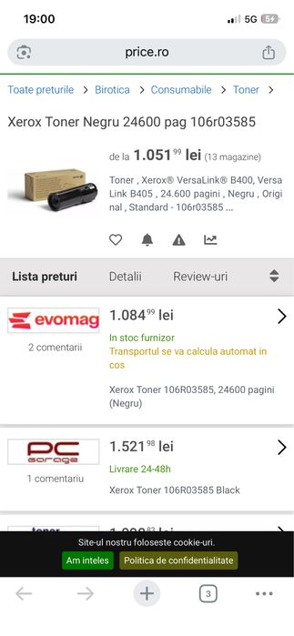 Vând toner original Xerox 106R03585, compatibil cu imprimantele Xerox