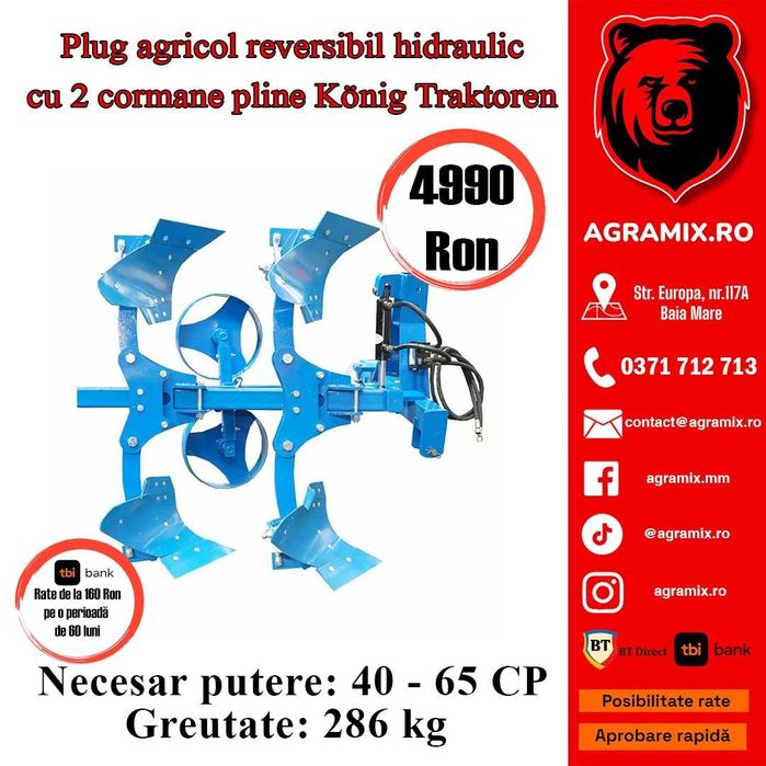 Plug agricol nou reversibil hidraulic 2 brazde trupite cormane pline