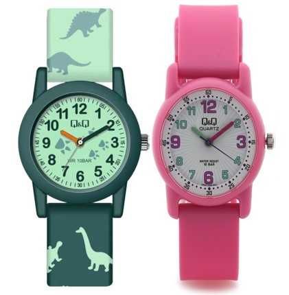 Детски Часовници Q&Q 10 BAR. Водоустойчив и Изключително Здрав Детски Часовник QQ.Динозавър Розов и Черен. Подарък за Първи Часовник на Момче и Момиче