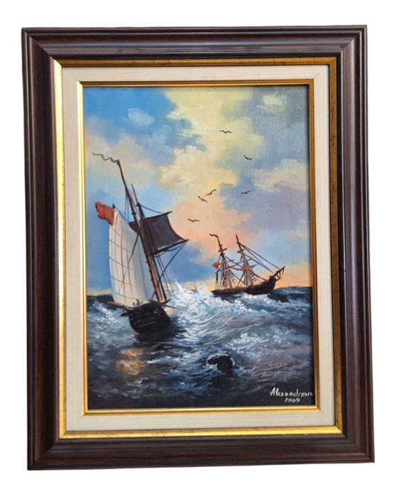 Tablou pictura pe panza Alexandrescu 2009 corabii pe mare rama eleganta