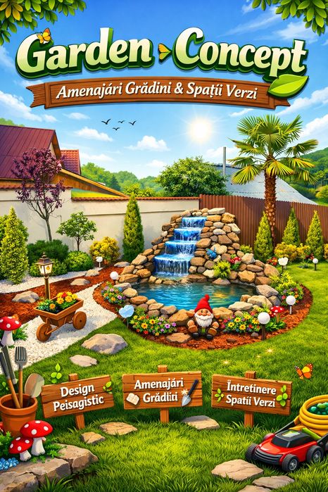 Amenajare gradina cu  gazon rulou si plante ornamentale
