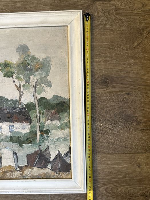 Tablou Vasile Lazarescu 1985 ulei pe panza peisaj rural casa rama 53x63cm`
