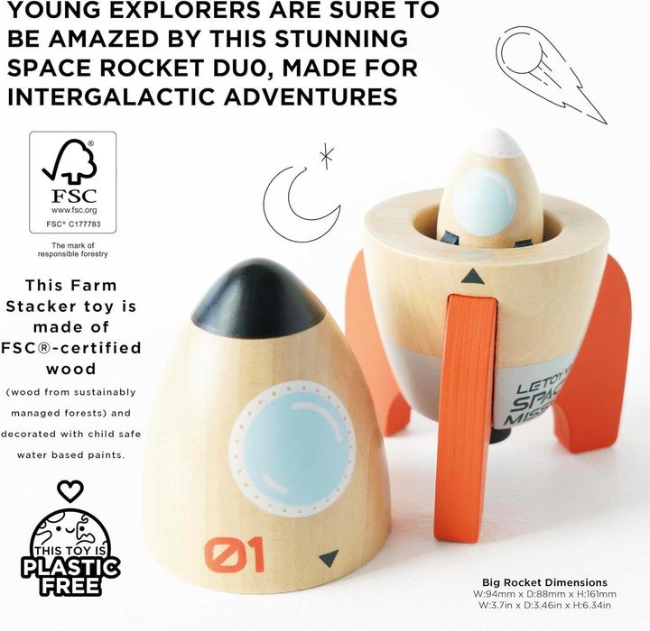 Дървена космическа дуо играчка със скрита мини ракета за малки деца