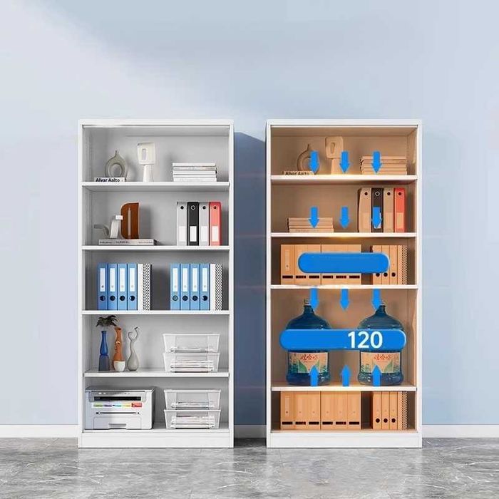 Zanglamaydigan po‘latdan kitob javoni — kuchli metall tokchalar bilan