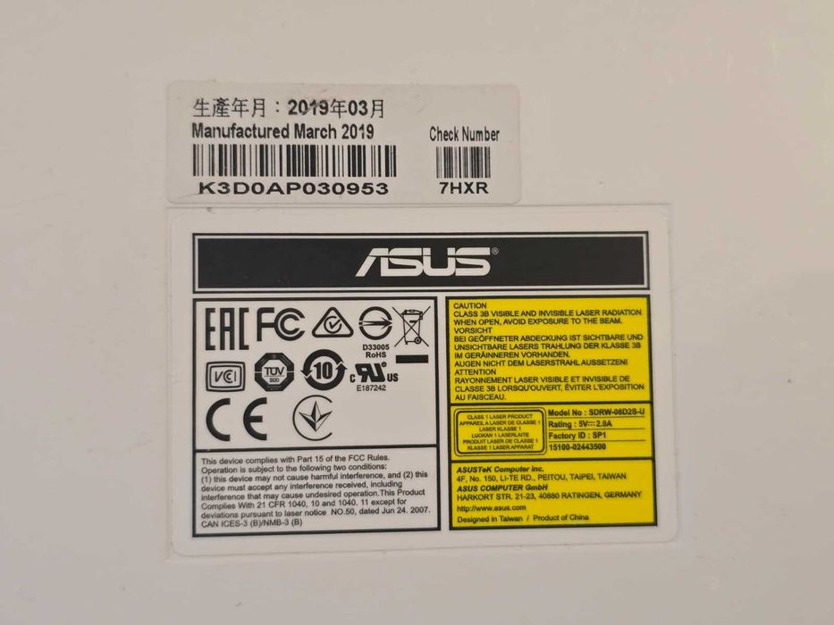 Unitate optica externa DVD-RW ASUS SDRW-08D2S-U Lite, Alba, USB 2.0