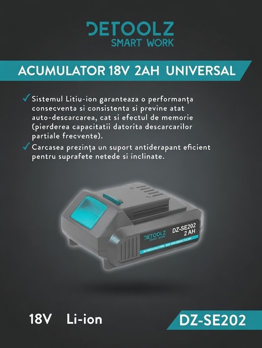 Acumulator Detoolz 18V 2Ah Li-Ion Universal – NOU!!!