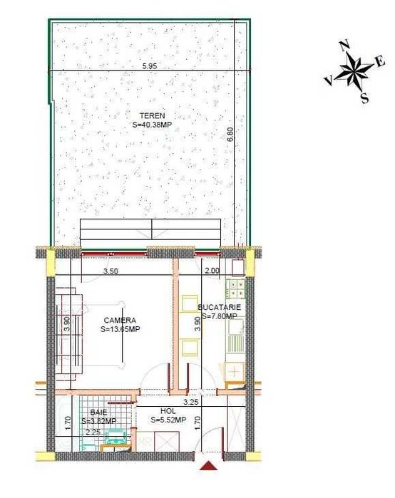 Apartament 1 camera, curte 40mp, loc de parcare