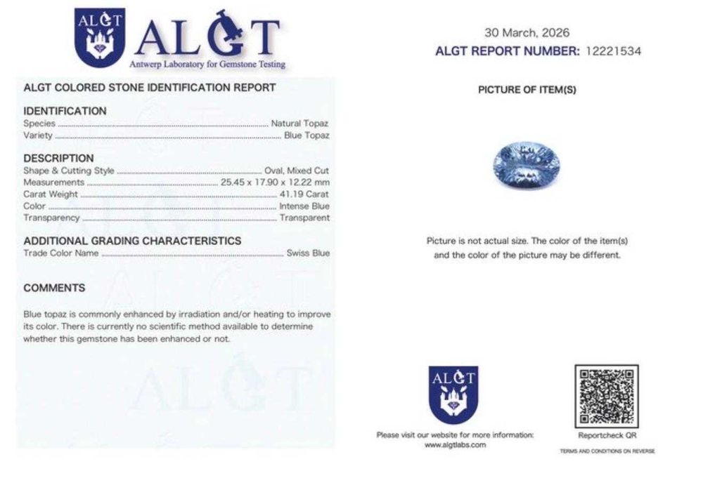 Topaz albastru natural Swiss Blue 41.19 ct