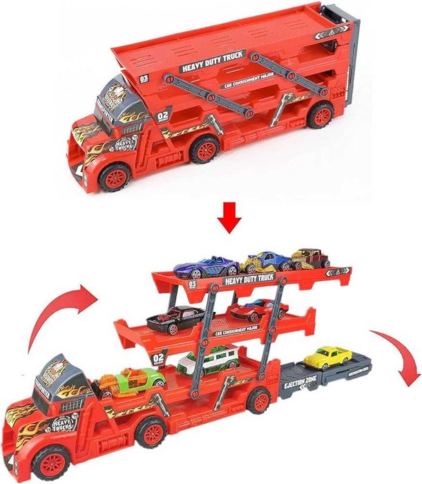 Автовоз 3 нива с 6 коли, камион изстрелващ колички писти камиони