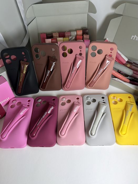 Rhode калъф + Rhode гланц за iPhone | Rhode Lip Case + Lip Gloss оригинални + Peptide Lip Tint Treatment всички модели и цветове налични iPhone 18 Pro