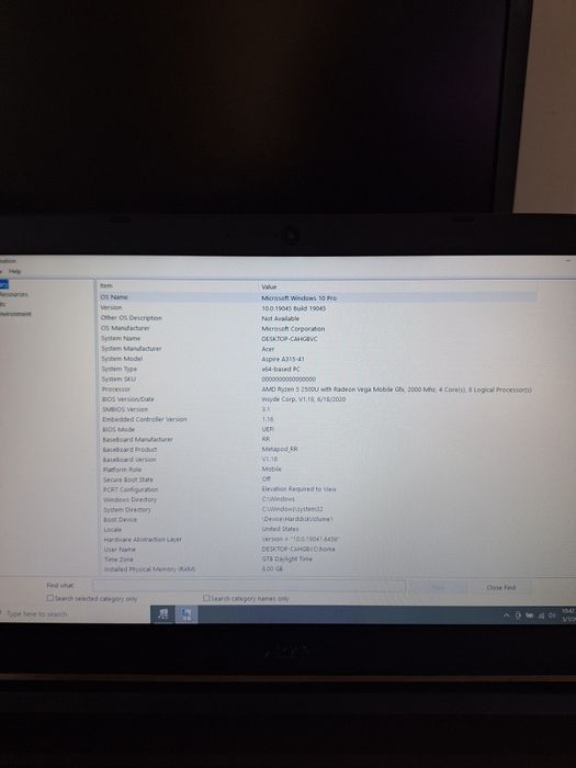 Laptop Acer Aspire A315-41,  Ryzen 5 2500U, 8 GB,  ssd M.2 256 GB  15.6"