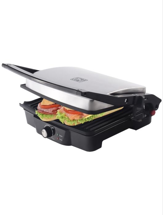 Gratar electric grill Panini barbeque, 2000 W, termostat reglabil, placi antiaderente, Negru/Inox