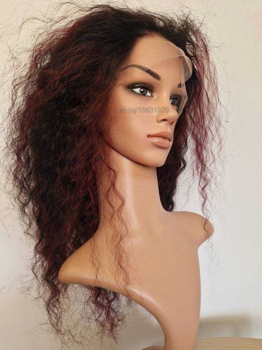 Естествена афро перука черна с тъмно червени кичури с дантела 13х4
