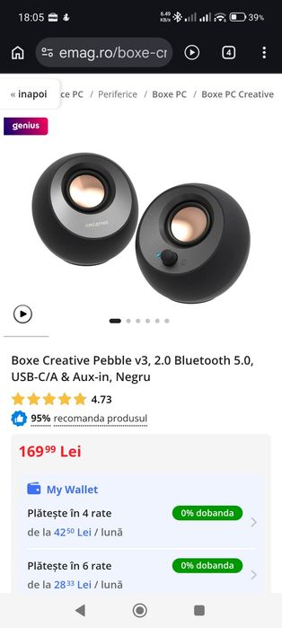 Boxe Creative Pebble v3, 2.0 Bluetooth 5.0, USB-C/A & Aux-in, Negru