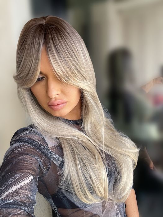 Peruca gri , ombre , breton lateral