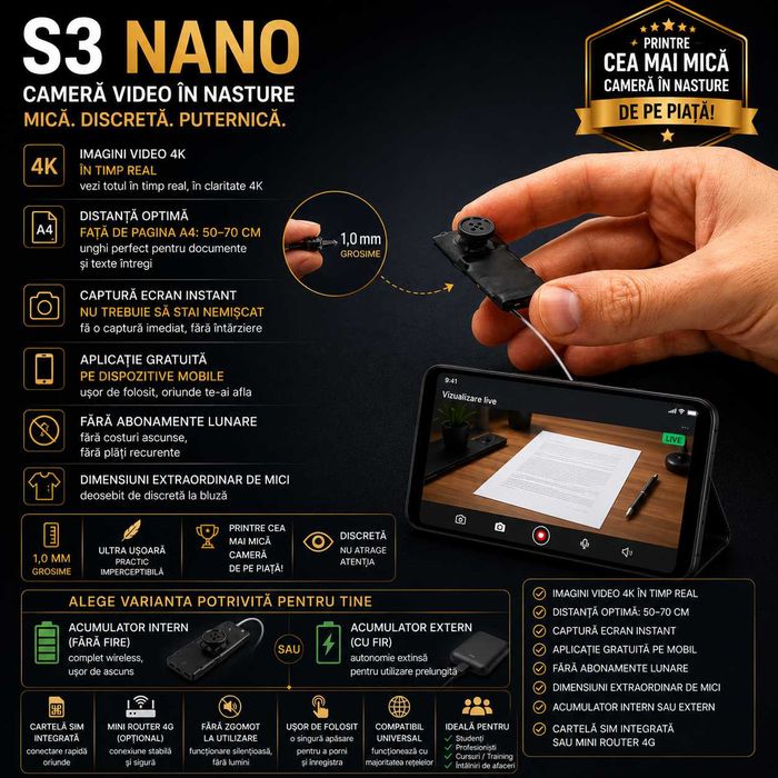 iCheat S3 Nano 4K Nou 2026 - Mini Camera Video in Nasture - Casca de copiat