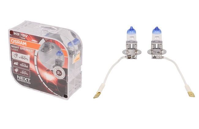 Set becuri auto H3 OSRAM Night breaker laser 12V; 55W; 1450lm; cu pana 150% mai multa lumina; culoare temperatura 3400K; PK22s; 64151NLHCB, 2 buc.