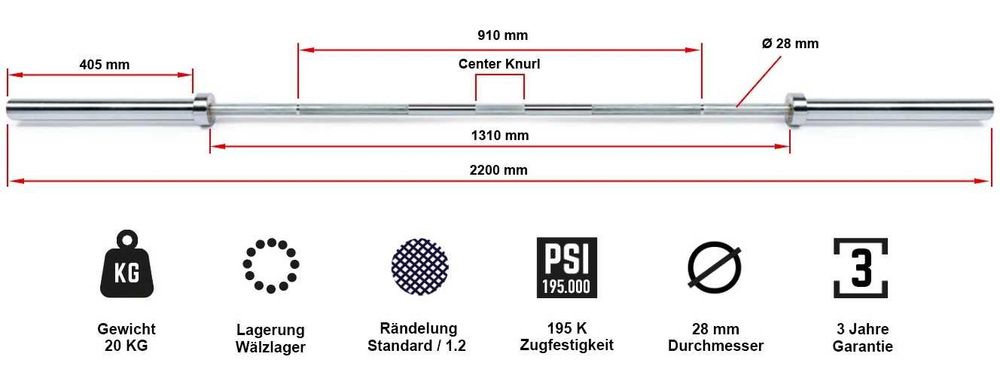 Competition Weightlifting Bar Олимпийски Състезателен Лост 220 см, 20 кг | Лостове