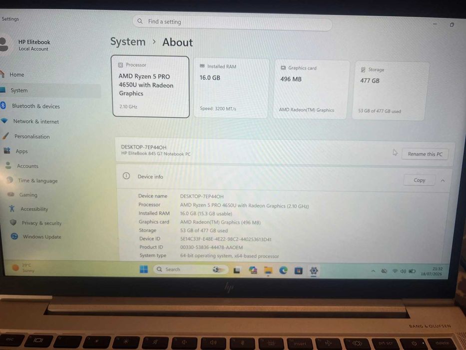 HP EliteBook 845 G7 | Ryzen 5 Pro | 16GB | SSD 256/512GB | FHD IPS | Win 11 Pro