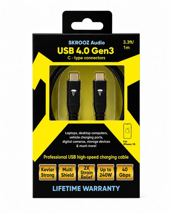 Cablu USB-C Premium SKROOZ by TARA Labs – USB4 40Gbps | 240W Fast Charging | Kevlar Reinforced