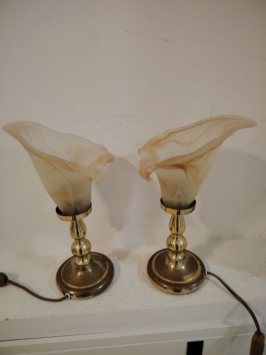 Pereche deosebita lămpi de masa Art Deco din alama masiva și abajur di