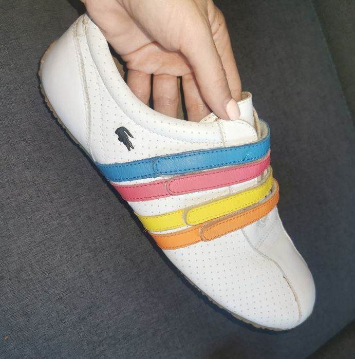 Дамски кецове Lacoste Mystere Punched с каишки от дъга, бели и кожени,
