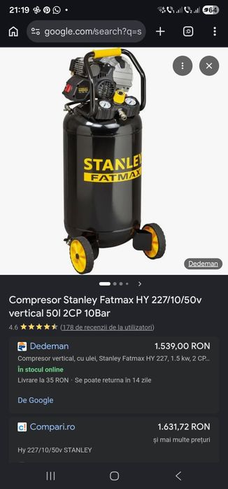 Compresor Stanley Fatmax HY 227/10/50v vertical 50l 2CP 10Bar