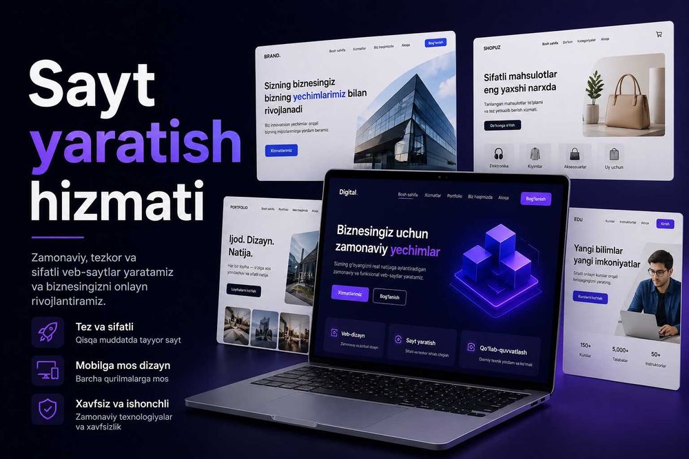 Web Sayt yaratish | Tez va Arzon | 1-yil Bepul Domen!