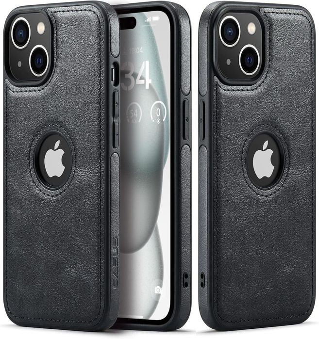 Husă din piele iPhone 15 Plus subțire premium clasică – Negru