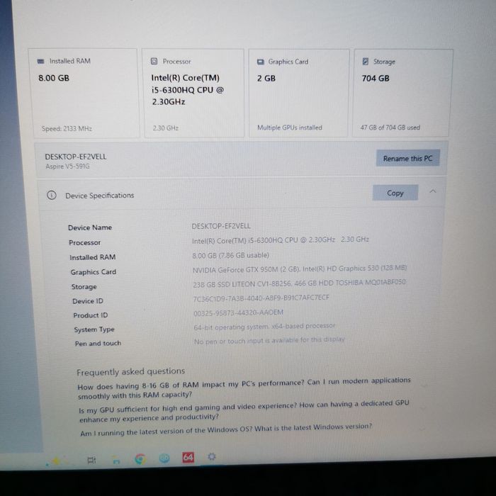 Laptop Acer i5 gen 6 gtx 950m 2gb